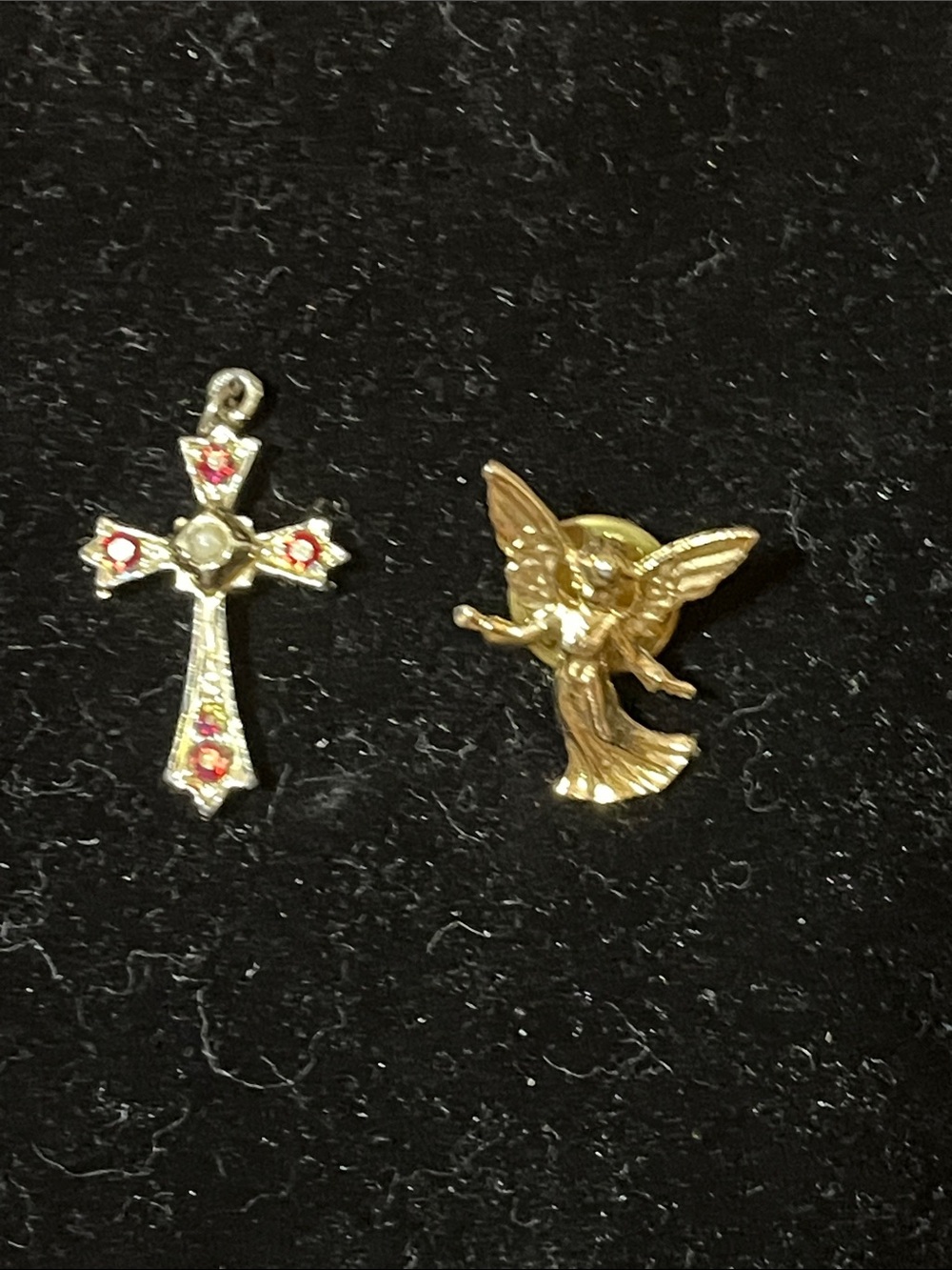 Cross Pendant & Angel on my shoulder pin. Vintage